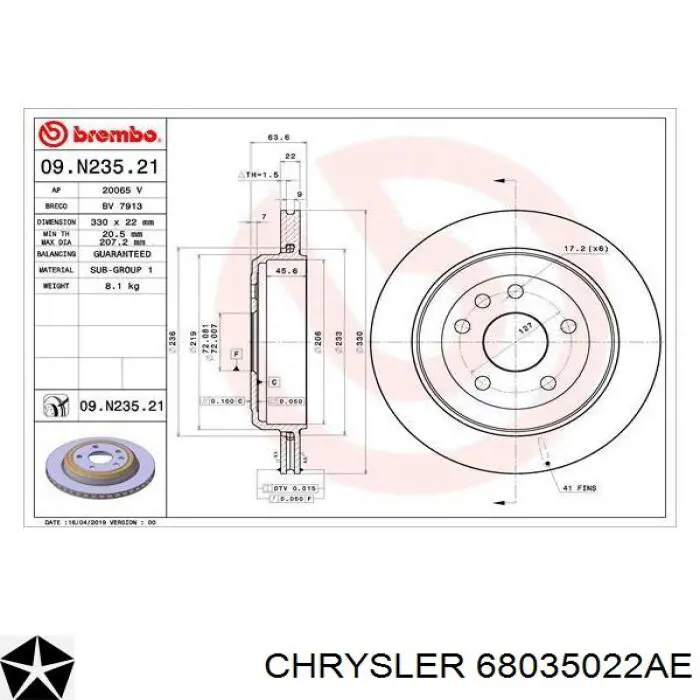 68035022AE Chrysler disco de freno trasero