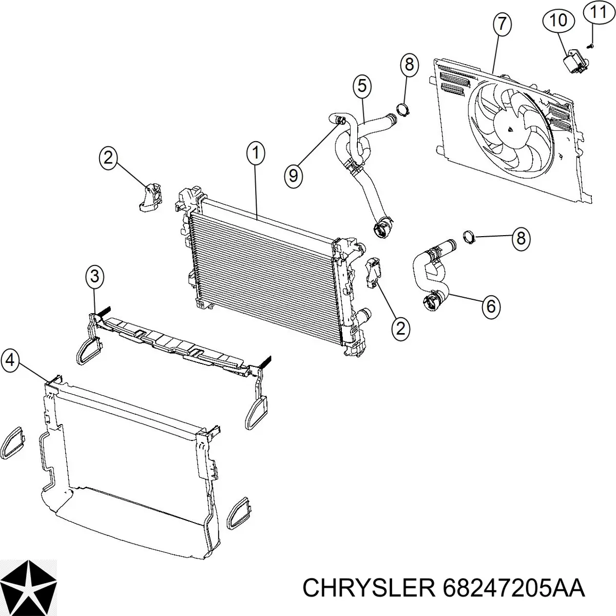 68247205AA Chrysler difusor de radiador, ventilador de refrigeración, condensador del aire acondicionado, completo con motor y rodete