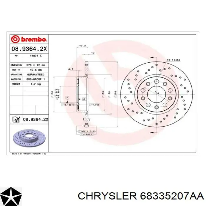 Disco de freno trasero Chrysler 68335207AA precio, desde 31,11 EUR