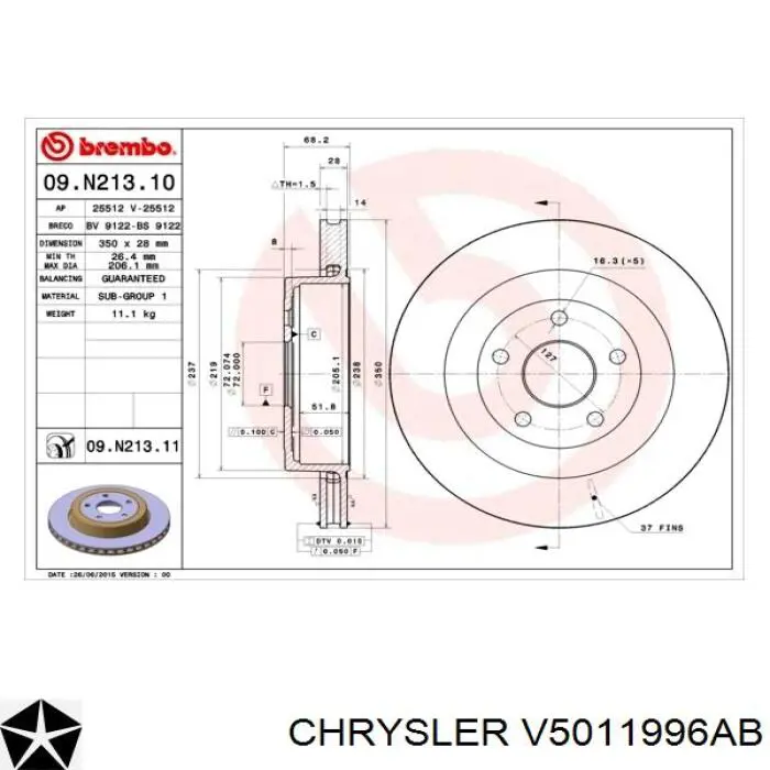 V5011996AB Chrysler Freno de disco trasero