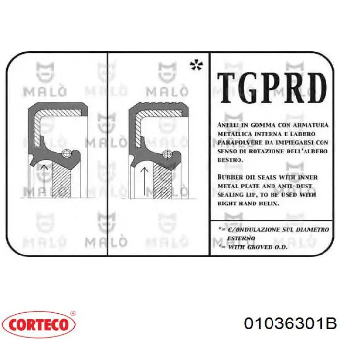 Retén del eje primario de la transmisión 01036301B Corteco