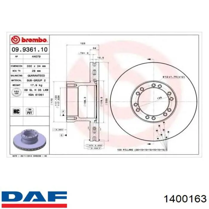 1400163 DAF freno de disco delantero