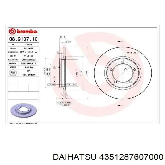 4351287607000 Daihatsu freno de disco delantero