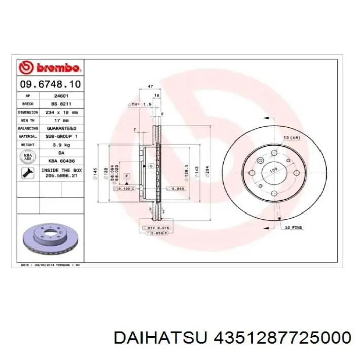 4351287725000 Daihatsu disco de freno delantero