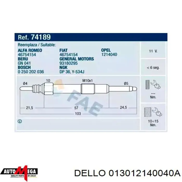 01-3012140040-A Dello/Automega bujía de incandescencia