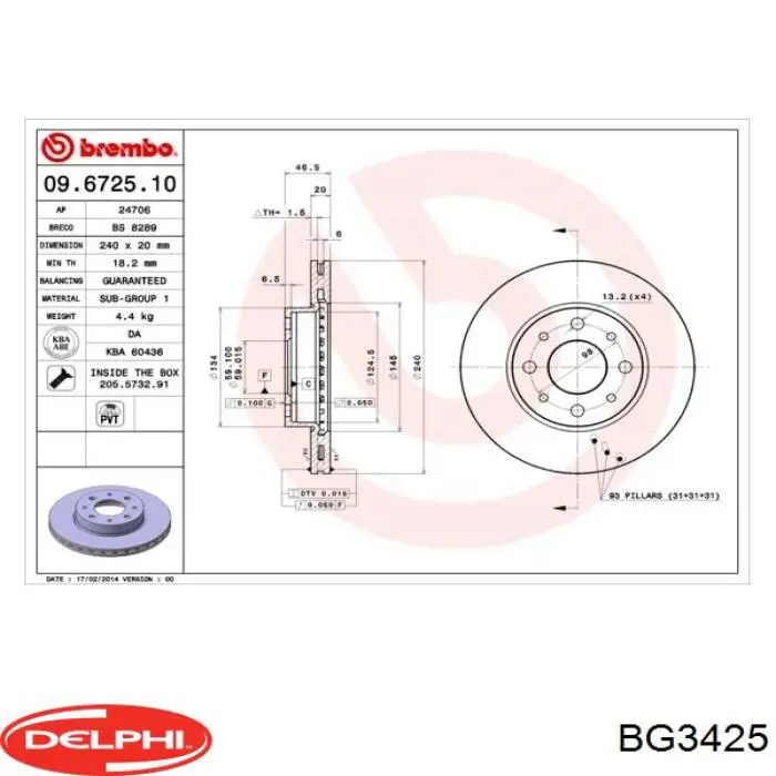 BG3425 Delphi freno de disco delantero