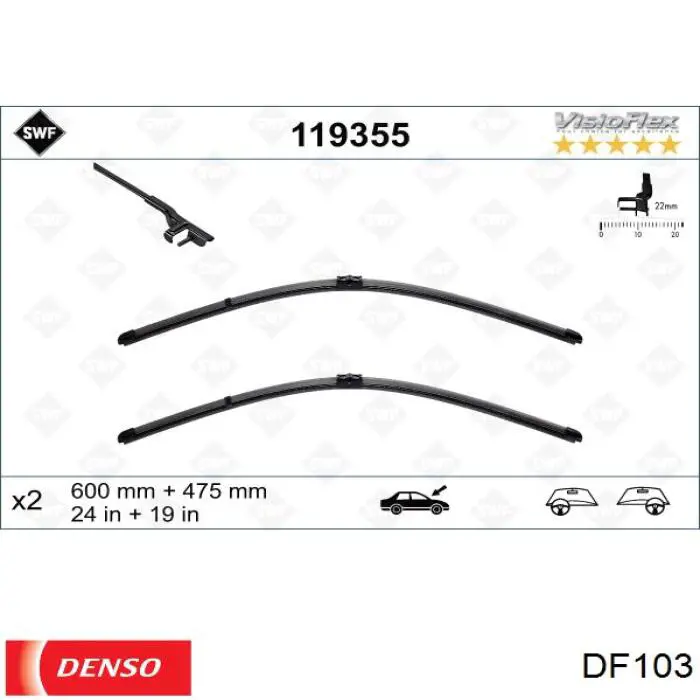 Comprar DF103 Denso Juego de escobillas de luna delantera, 2 piezas