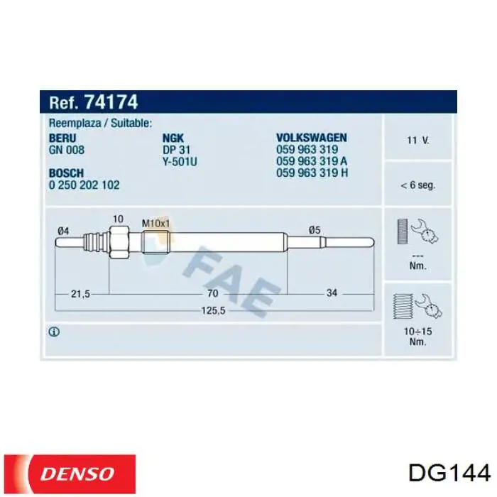 Bujía de precalentamiento DG144 Denso