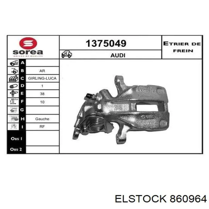 86-0964 Elstock pinza de freno trasera izquierda