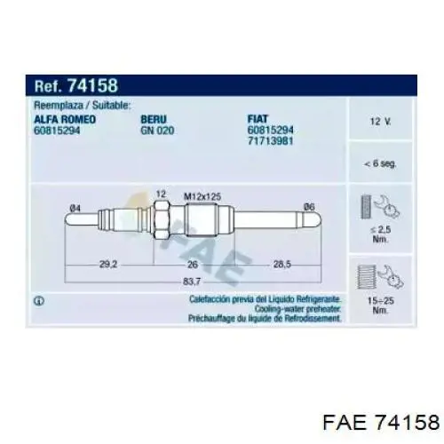 Comprar 74158 FAE Bujía de precalentamiento del líquido refrigerante