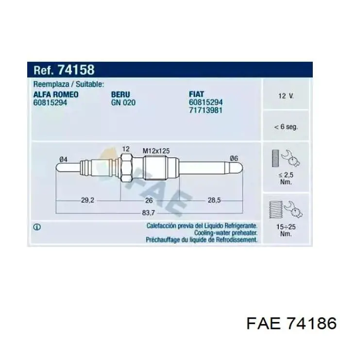 Bujías incandescentes FAE 74186 precio, desde 12,78 EUR
