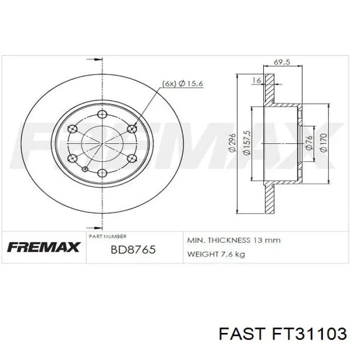 FT31103 Fast disco de freno trasero