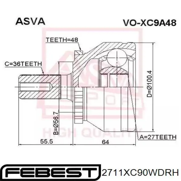 2711-XC90WDRH Febest árbol de transmisión delantero derecho