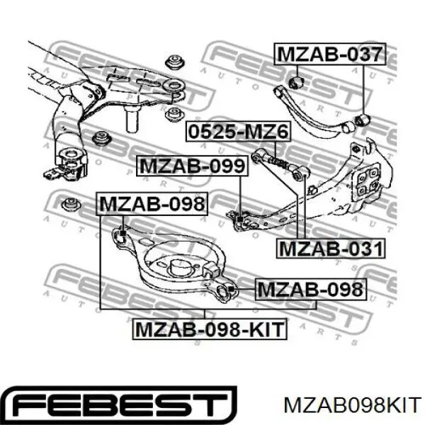 MZAB-098-KIT Febest suspensión, brazo oscilante trasero inferior