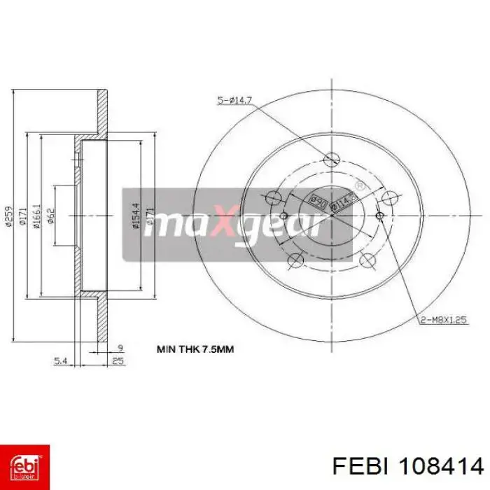 Disco de freno trasero 108414 Febi
