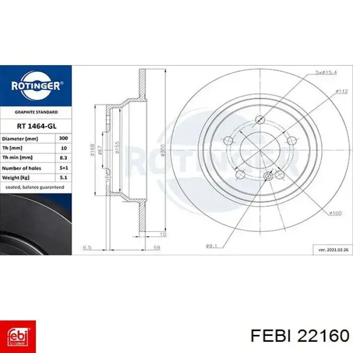 Disco de freno trasero 22160 Febi