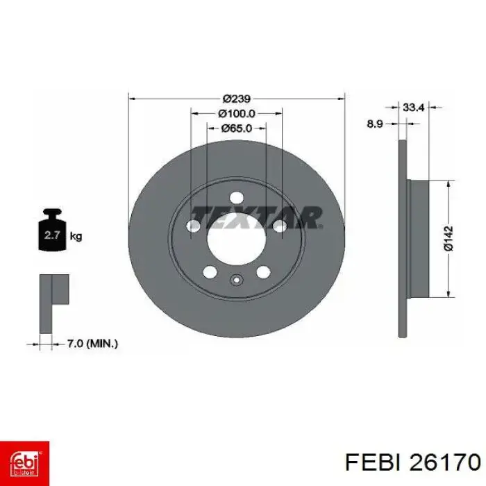 Disco de freno trasero 26170 Febi