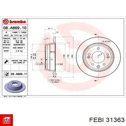 Disco de freno trasero 31363 Febi