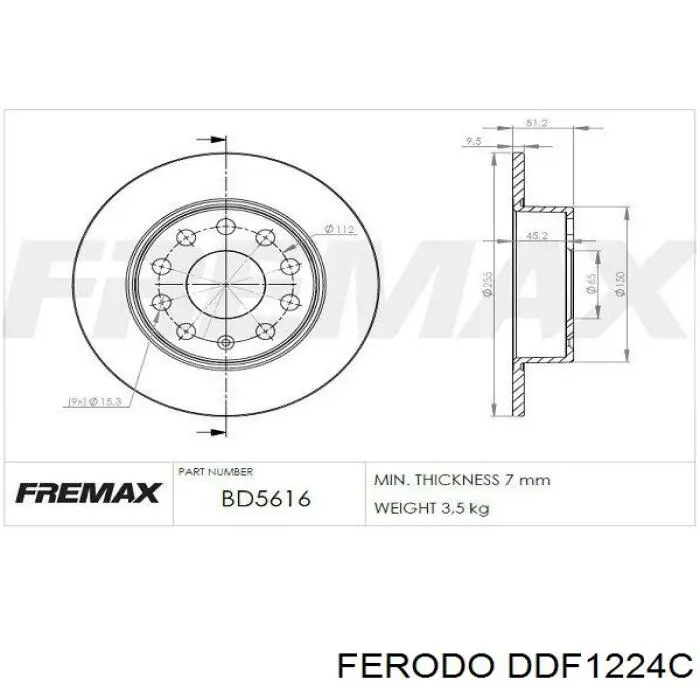 Disco de freno trasero DDF1224C Ferodo