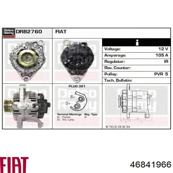 Alternador del motor Fiat/Alfa/Lancia 46841966 precio, desde 193,03 EUR