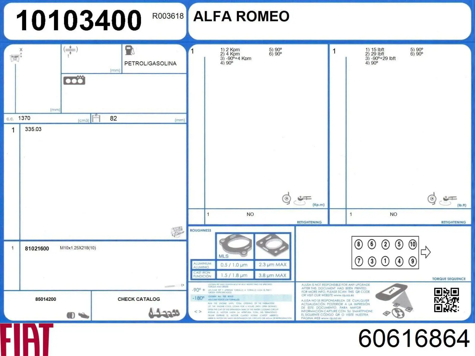 60616864 Fiat/Alfa/Lancia junta de culata