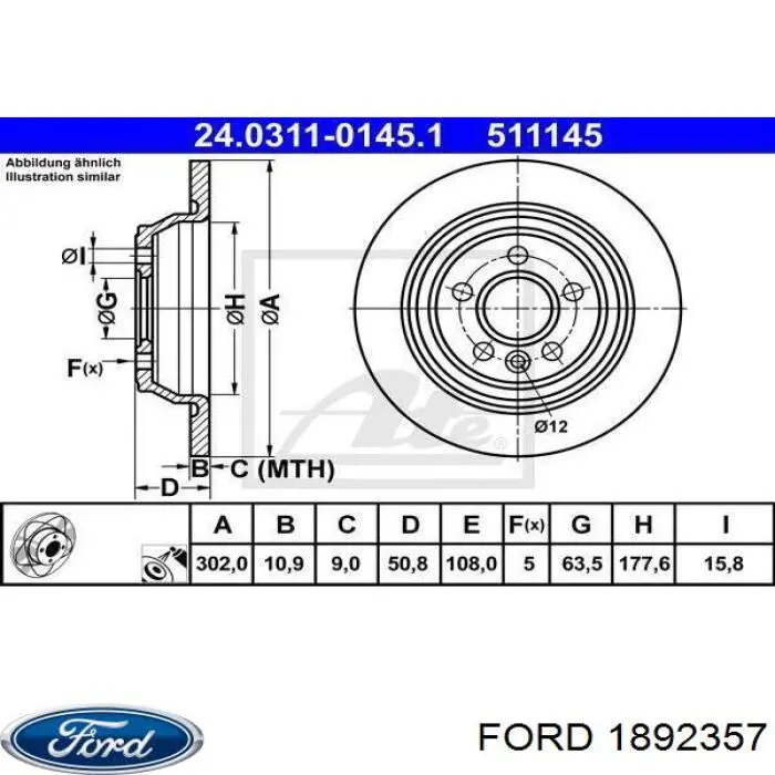 Disco de freno trasero 1892357 Ford