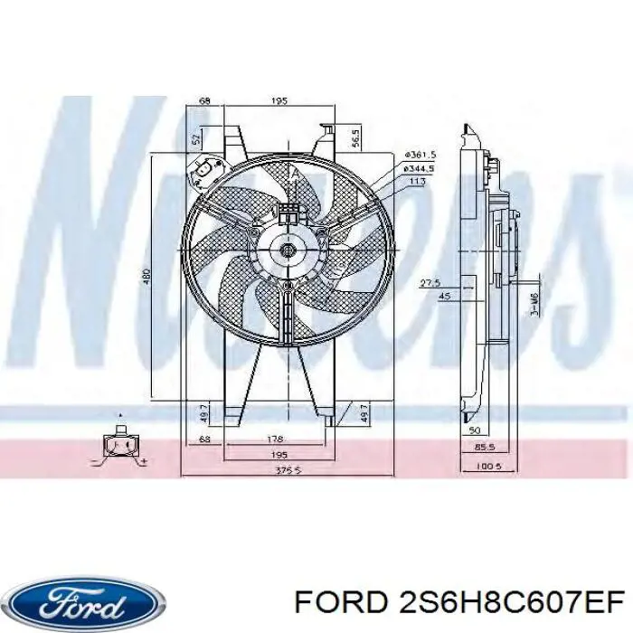 2S6H8C607EF Ford difusor de radiador, ventilador de refrigeración, condensador del aire acondicionado, completo con motor y rodete