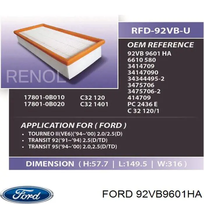 Comprar 92VB9601HA Ford Filtro de aire