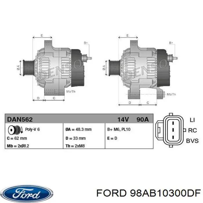 98AB10300DF Ford alternador