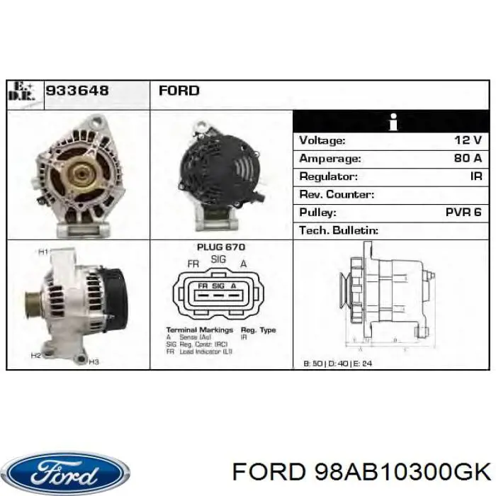 98AB10300GK Ford alternador