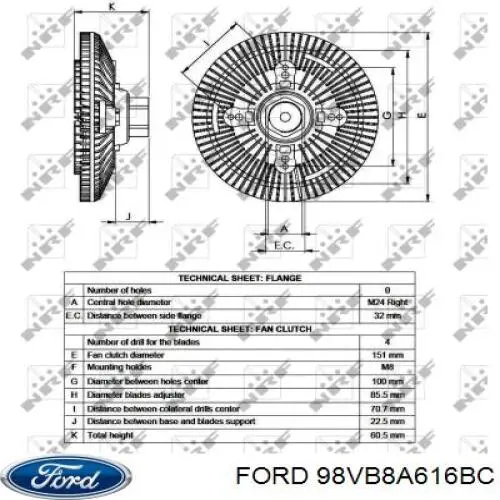 98VB8A616BC Ford embrague, ventilador del radiador