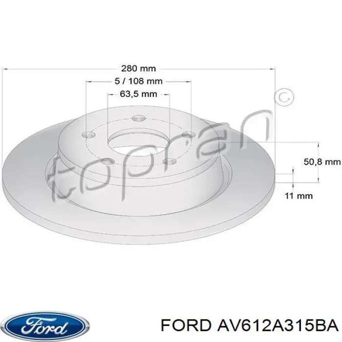 Disco de freno trasero AV612A315BA Ford