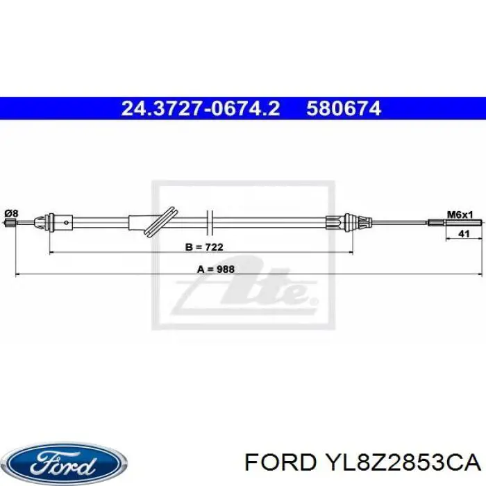 YL8Z2853CA Ford cable de freno de mano delantero