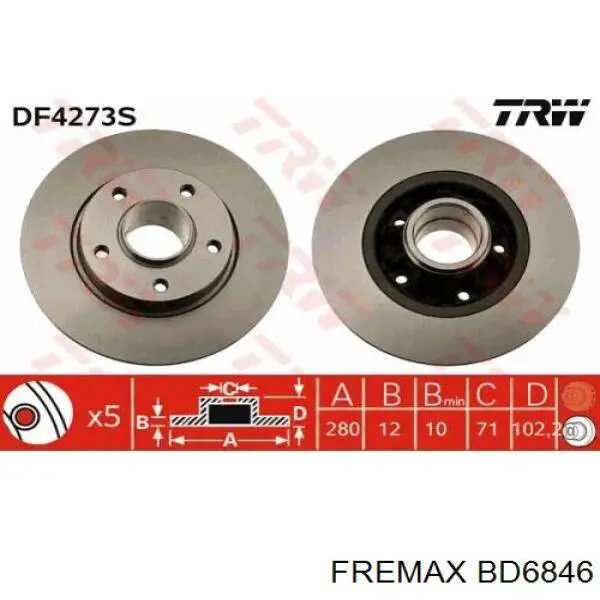 Disco de freno trasero BD6846 Fremax