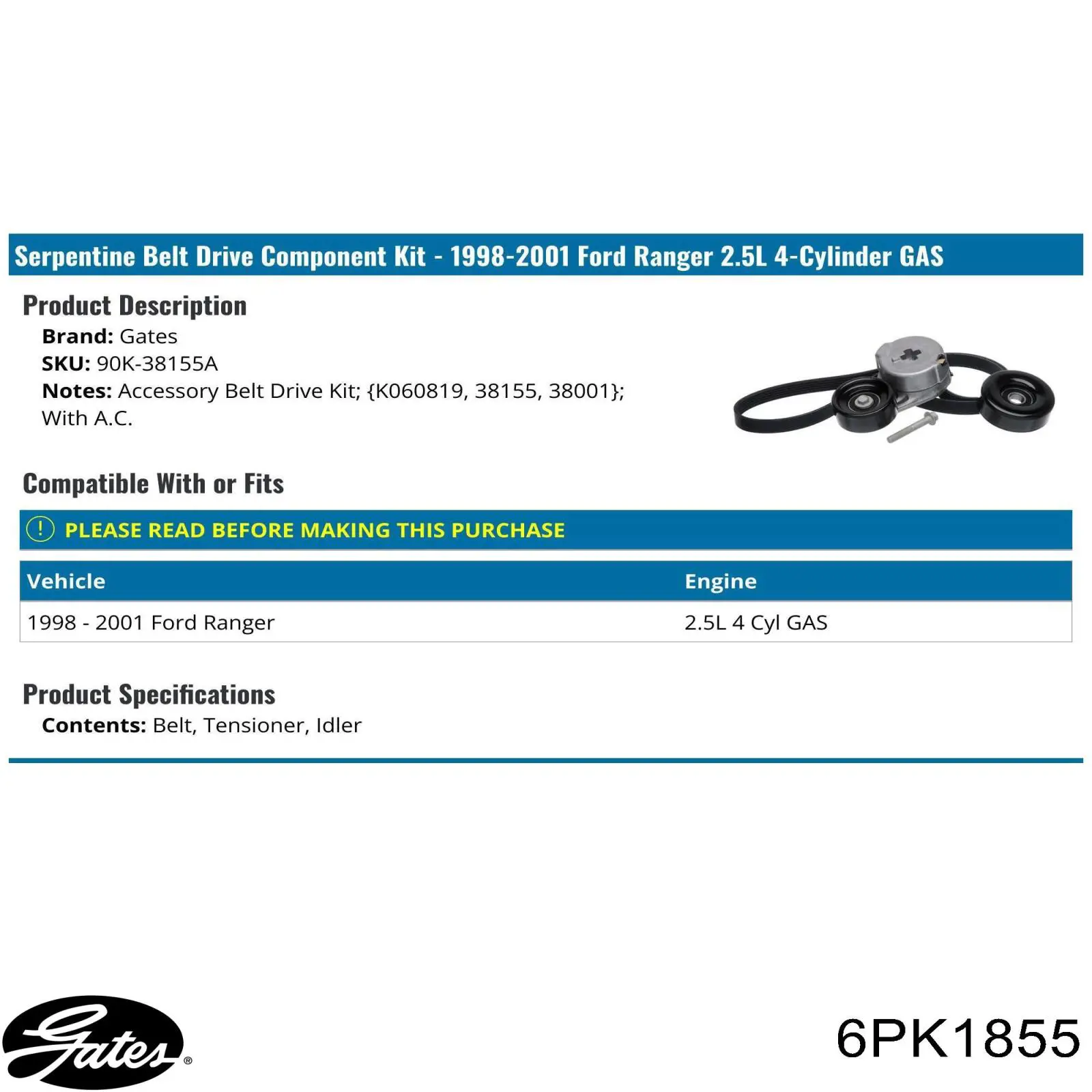 Correa de alternador 6PK1855 Gates