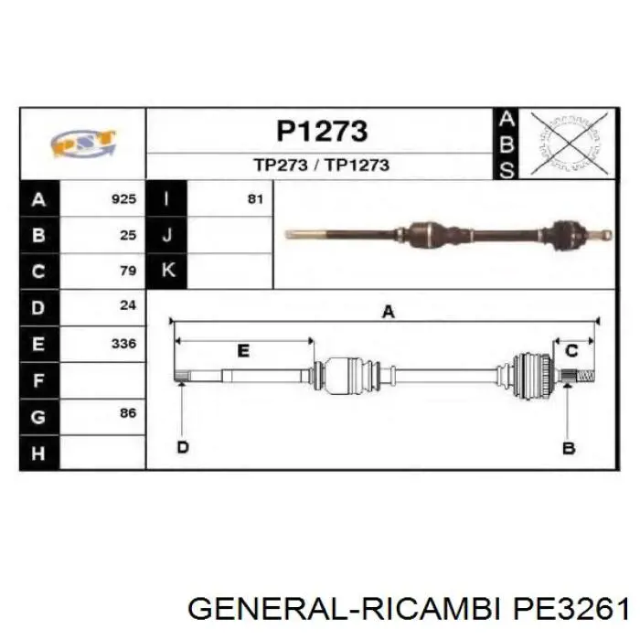 PE3261 General Ricambi árbol de transmisión delantero derecho