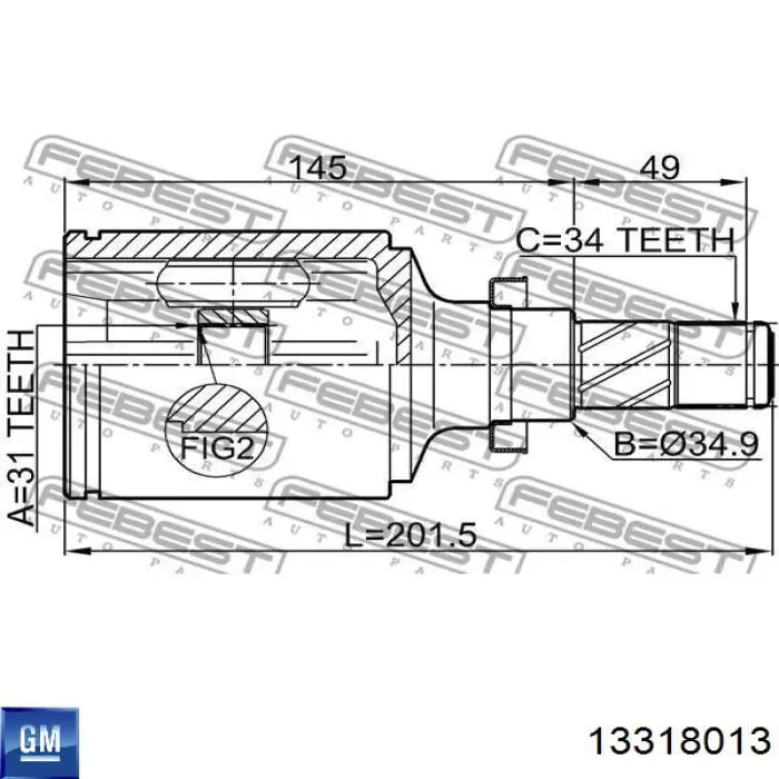 Junta homocinética interna delantera derecha 13318013 General Motors