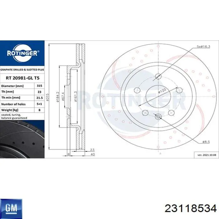 Disco de freno trasero 23118534 General Motors