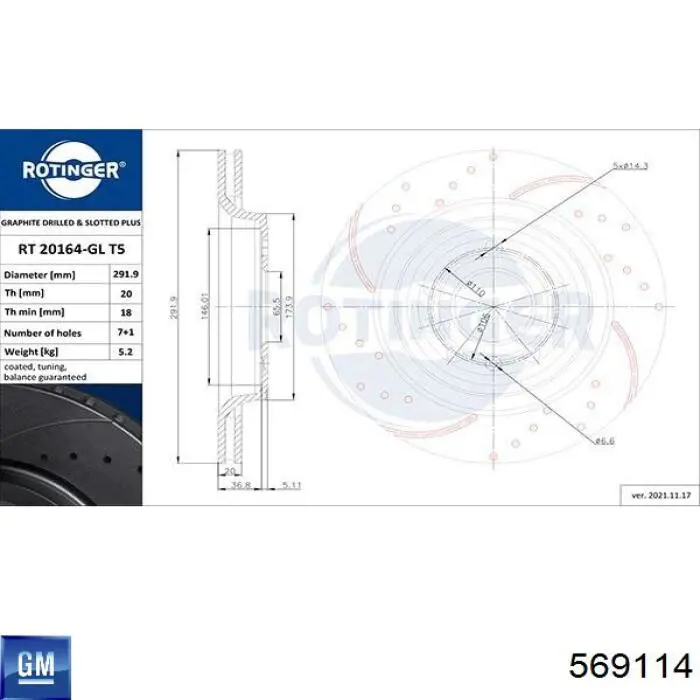 Disco de freno trasero 569114 General Motors