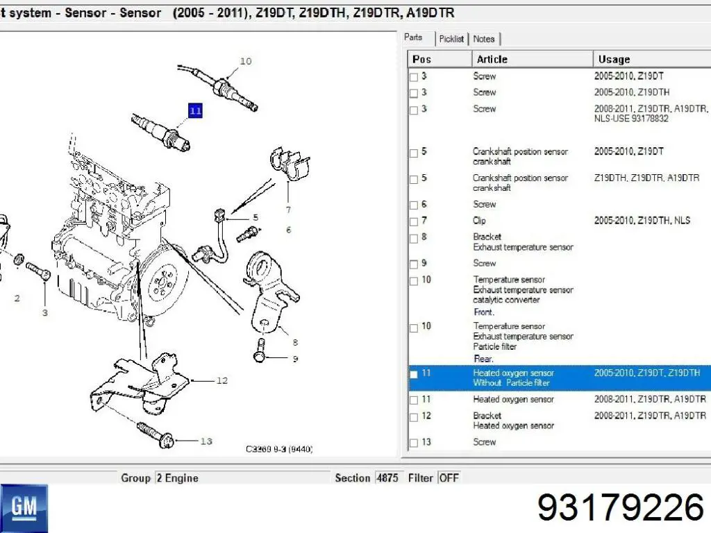 Sensor de oxígeno previo al catalizador General Motors 93179226