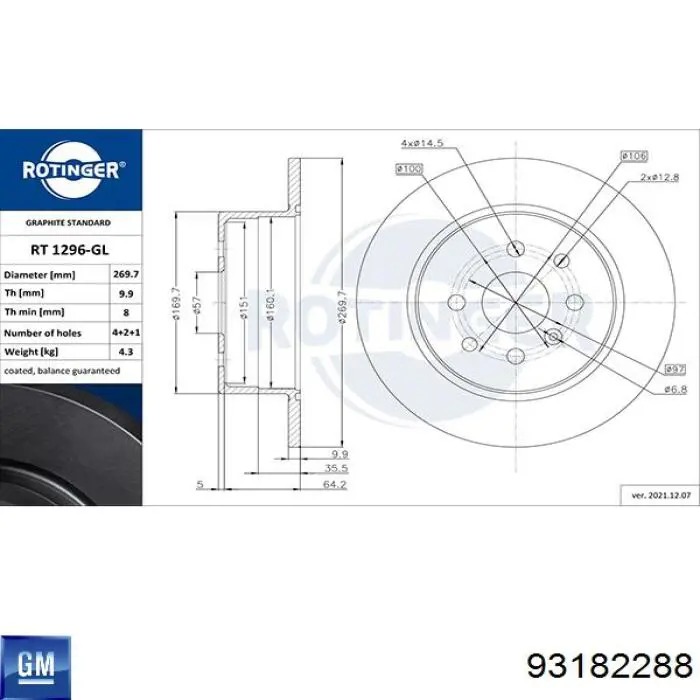 93182288 General Motors Freno de disco trasero