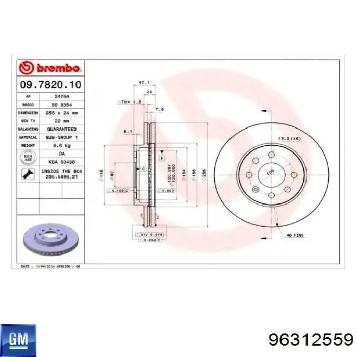Disco de freno delantero General Motors 96312559