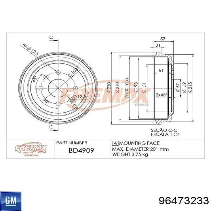 Tambor de freno trasero 96473233 General Motors