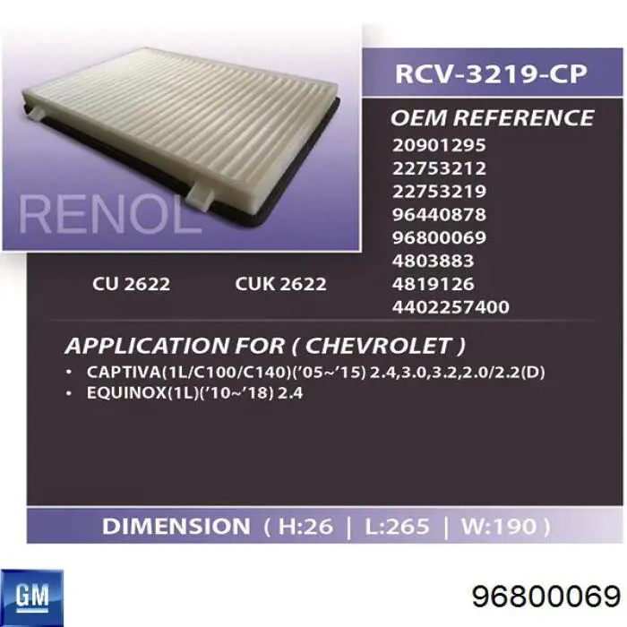 Filtro de cabina General Motors 96800069 precio, desde 10,48 EUR