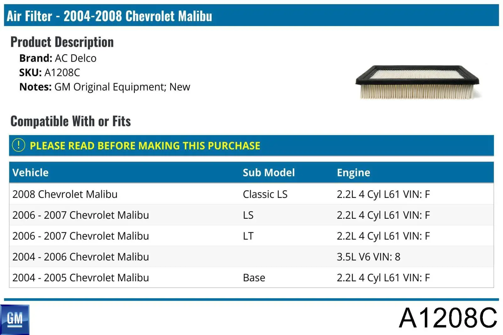 A1208C General Motors filtro de aire