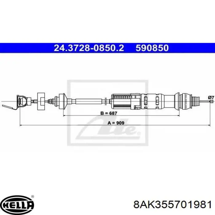 8AK355701981 HELLA Cable de accionamiento del embrague
