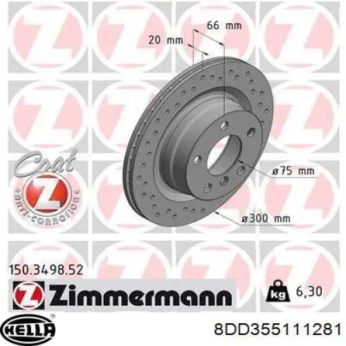Disco de freno trasero 8DD355111281 HELLA