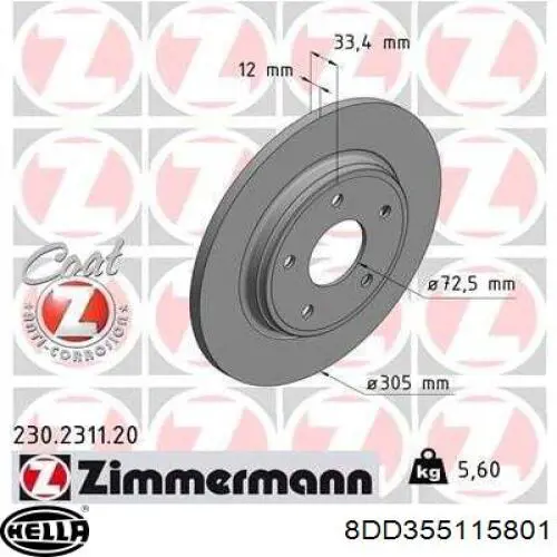 Disco de freno trasero 8DD355115801 HELLA