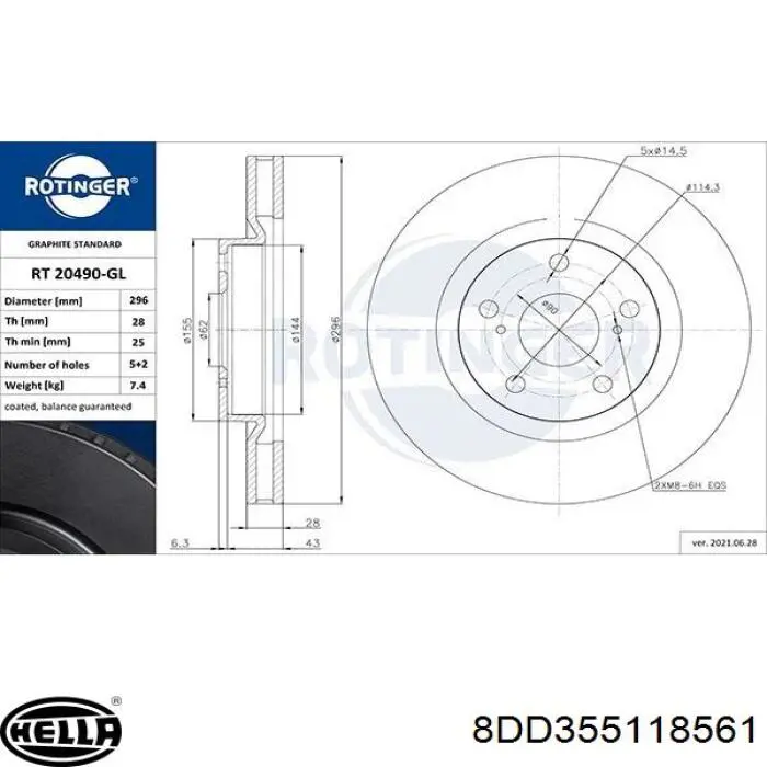 Disco de freno delantero HELLA 8DD355118561