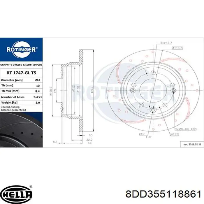 Disco de freno trasero 8DD355118861 HELLA